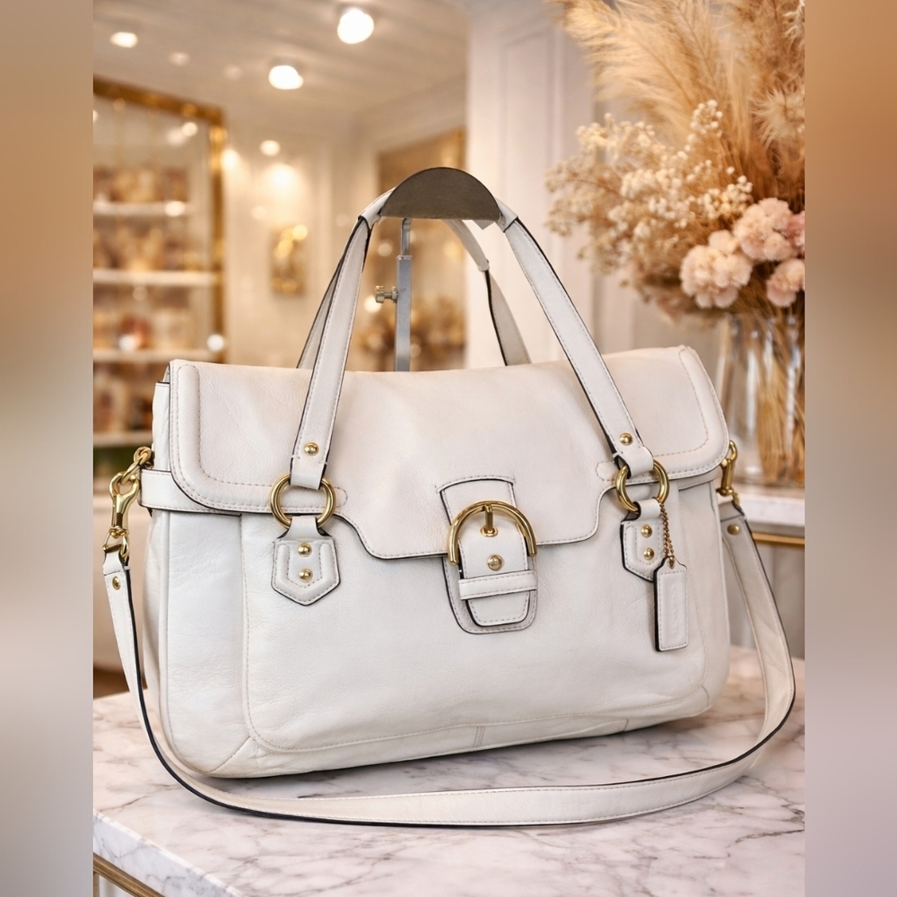Coach Campbell White‎ Leather Flap Buckle Satchel Bag